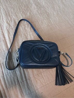 Valentino Mía Black Leather Camera Crossbody with Tassel Accent